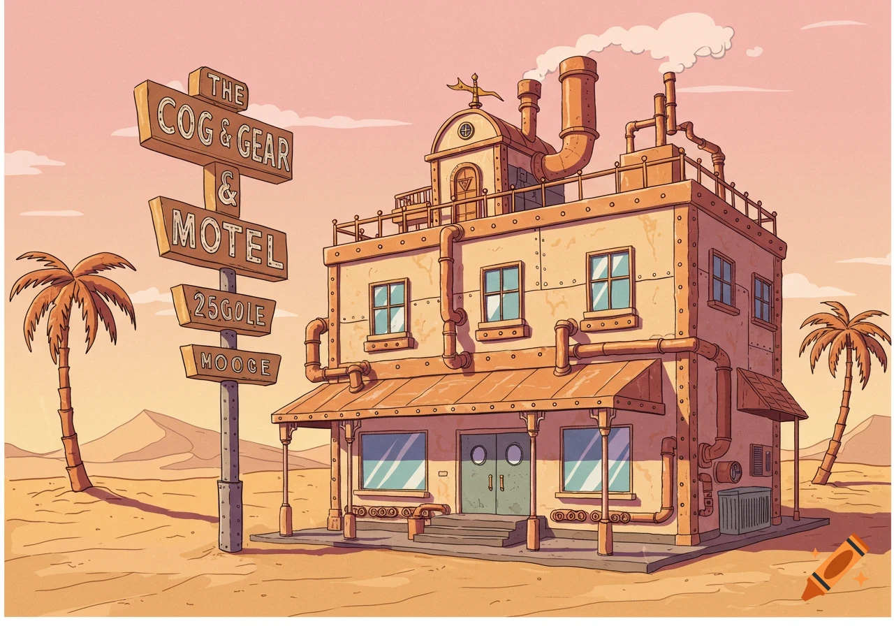 A cartoon steampunk motel in a desert setting with palm trees.