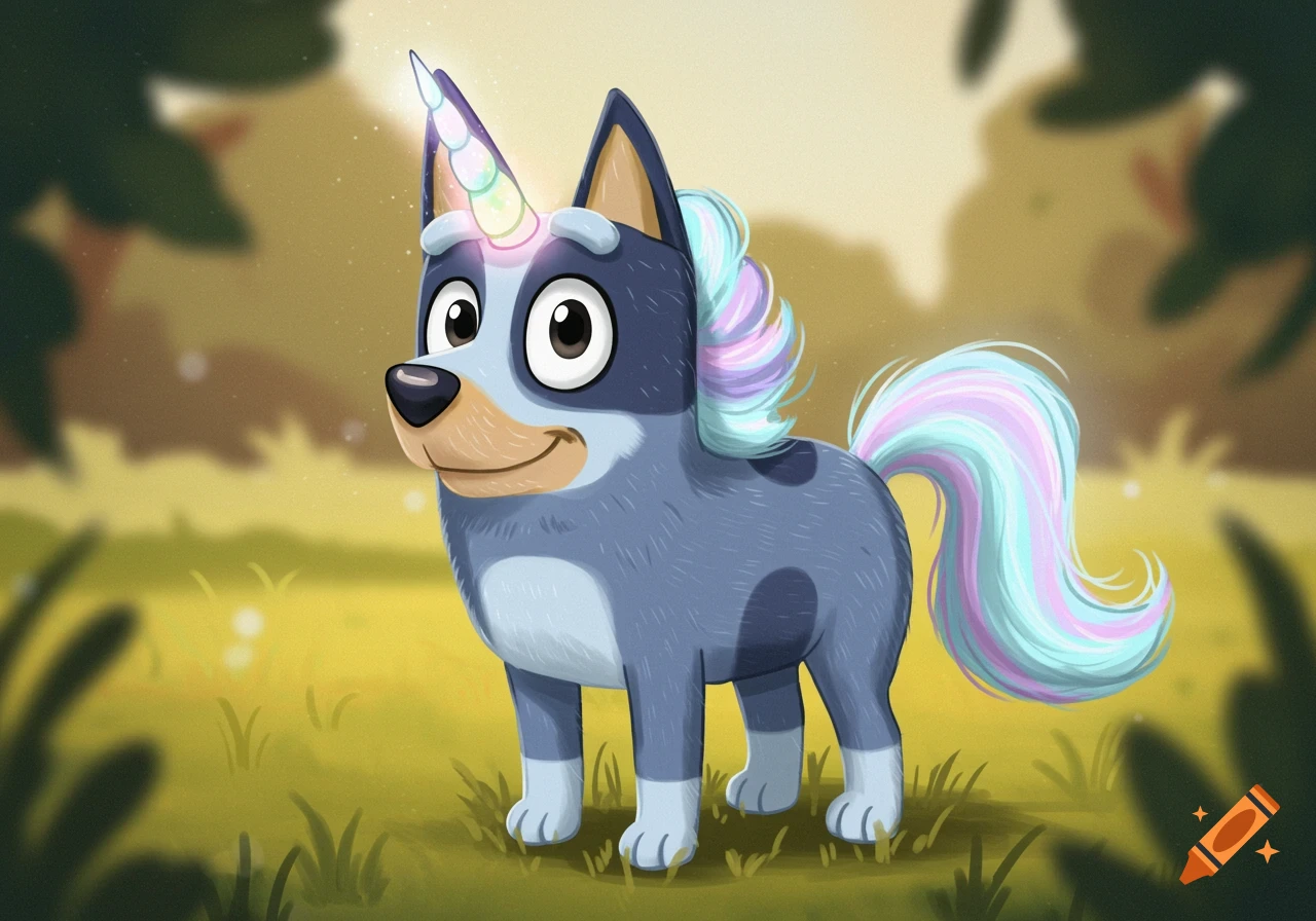 A blue cartoon dog resembling Bluey with a unicorn horn and rainbow mane and tail stands in a grassy field.