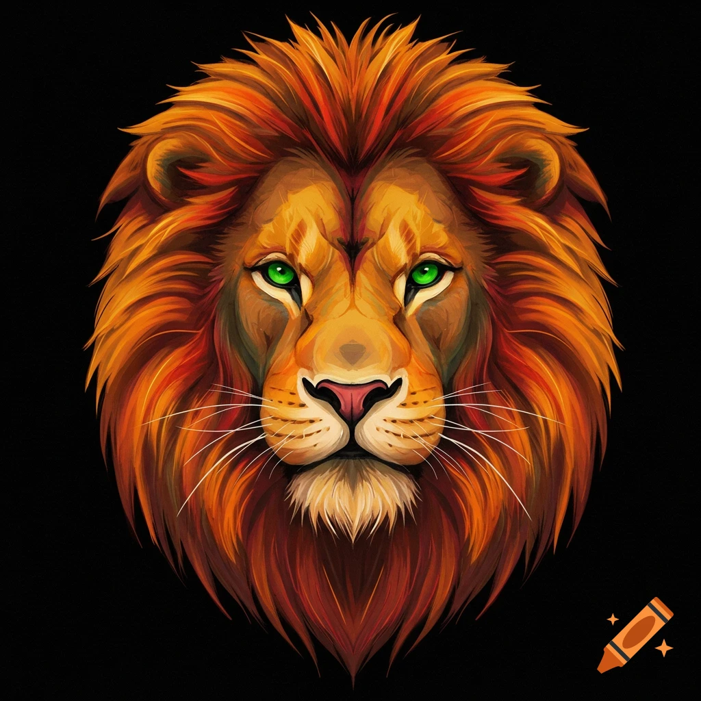 Stylized illustration of a lion head with vibrant orange mane and green eyes against a black background.