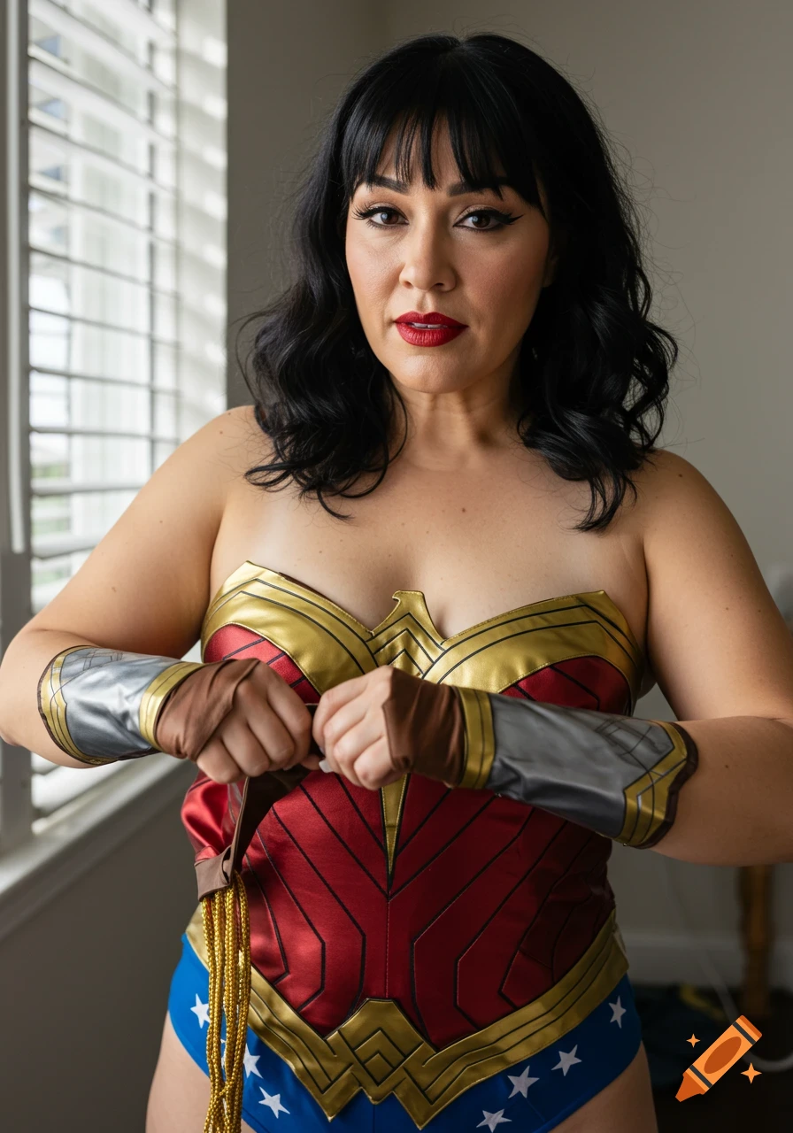 A woman with dark hair and bangs, wearing red lipstick and striking eyeliner, poses in a Wonder Woman costume.