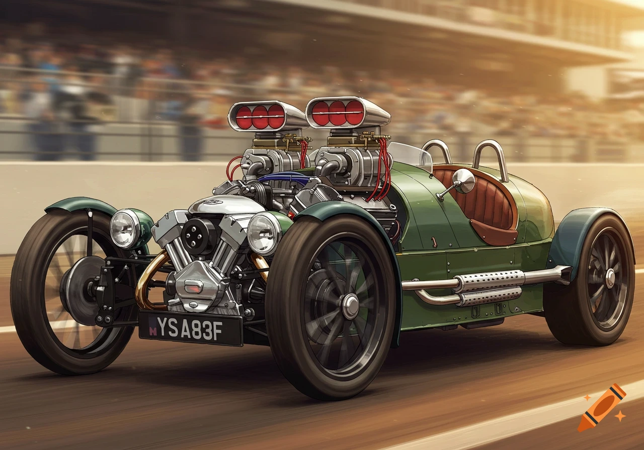 A green three-wheeled vintage hot rod with dual superchargers on a race track, in an illustrative style.