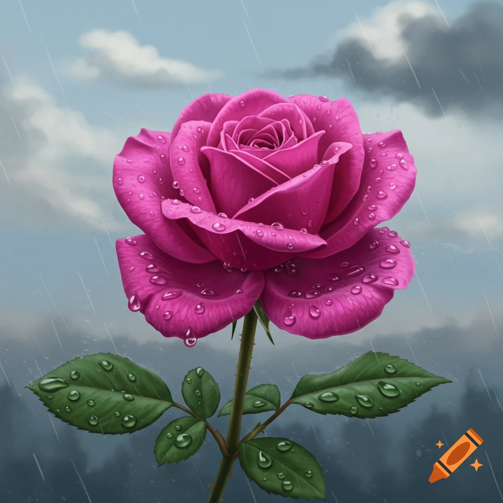 A vibrant pink rose with water droplets on its petals and leaves, set against a cloudy, rainy sky.