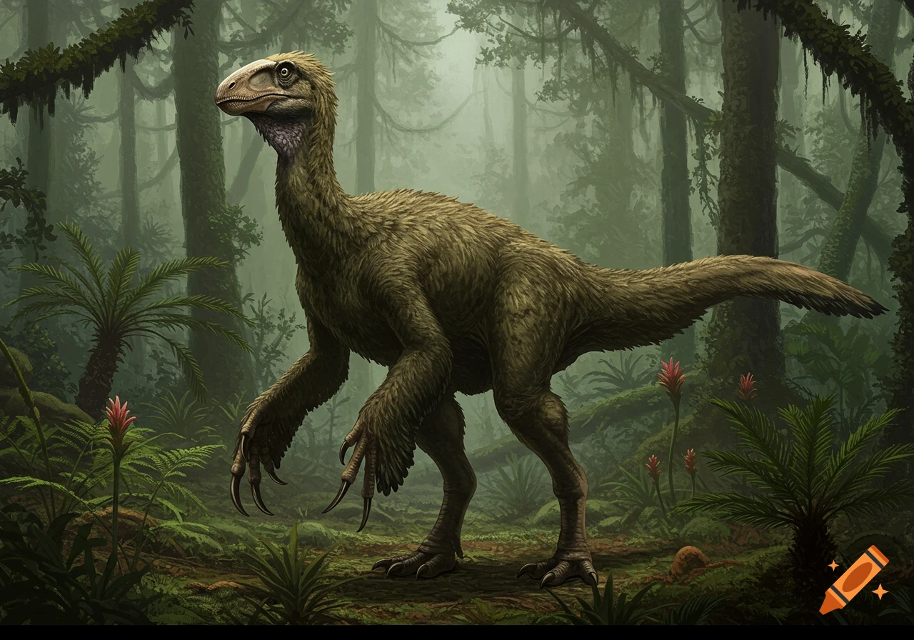 A hyper-realistic depiction of a feathered Therizinosaurus dinosaur standing in a misty prehistoric jungle.