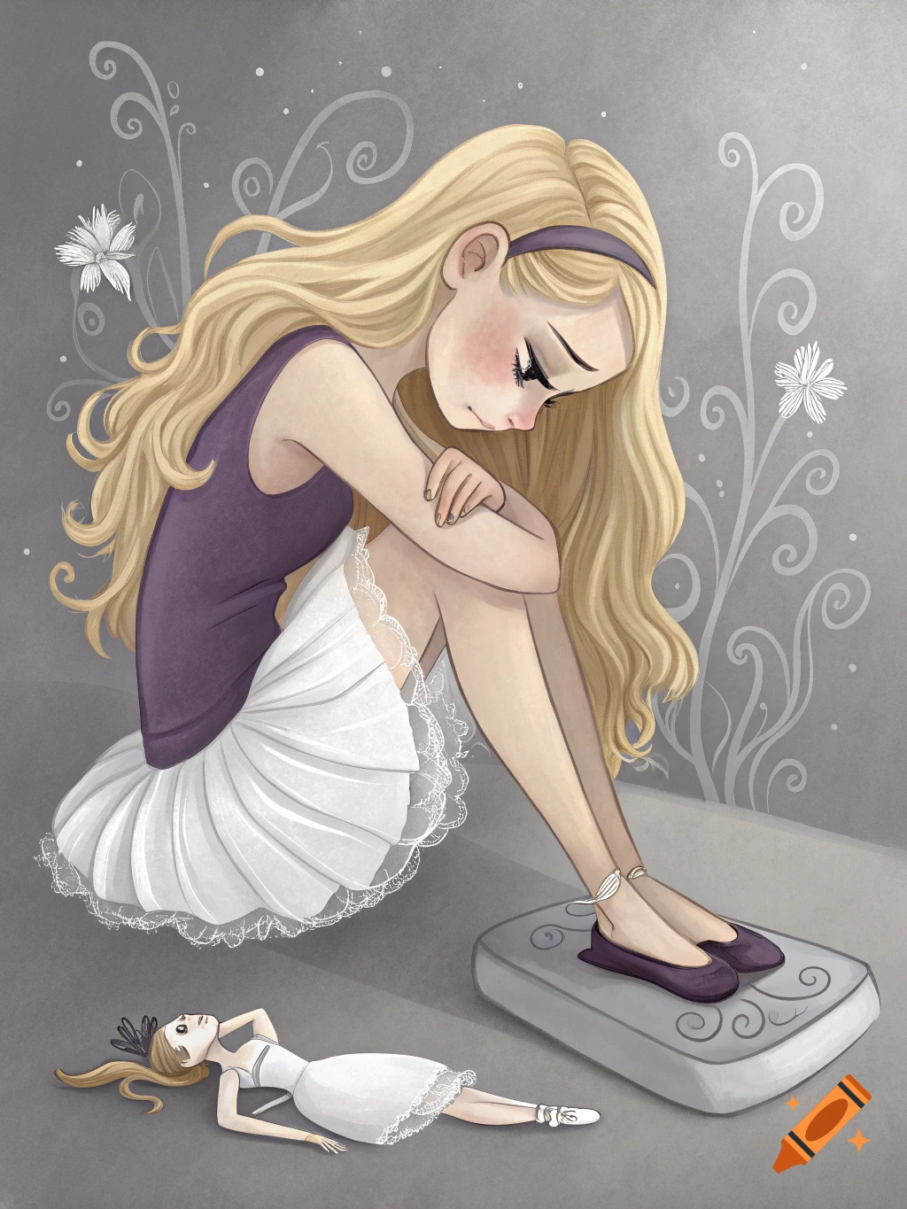 Illustrated sad blonde girl in ballet outfit sitting on a scale, looking down, with a broken ballerina doll on the floor.