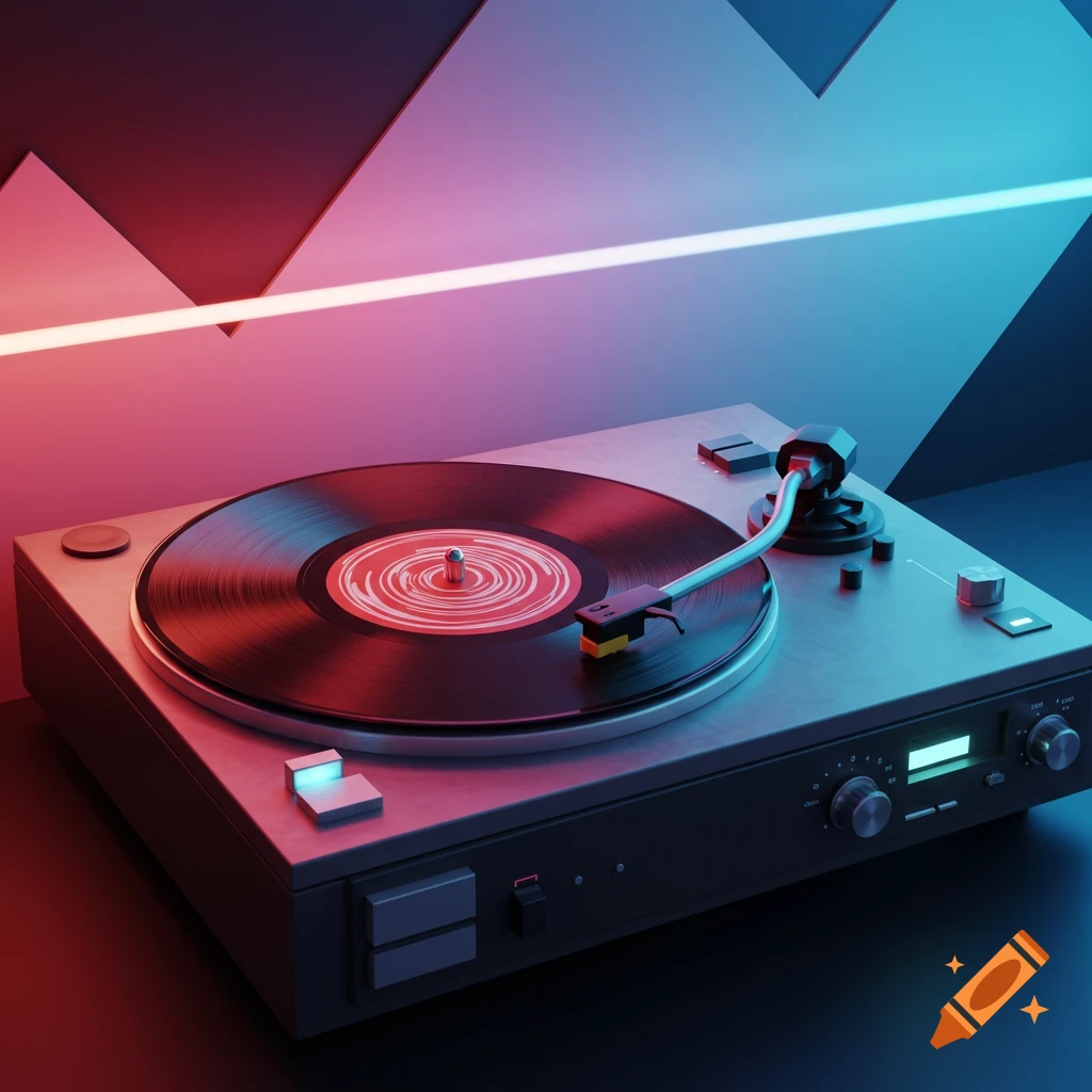 Retro-futuristic turntable with a vinyl record and neon lighting against a geometric background.
