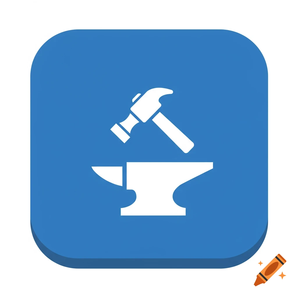 A blue square icon with rounded corners showing a white silhouette of a hammer striking an anvil.