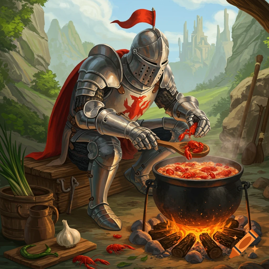 A knight in shining armor cooks crawfish in a large pot over a campfire in a lush valley with a distant castle.