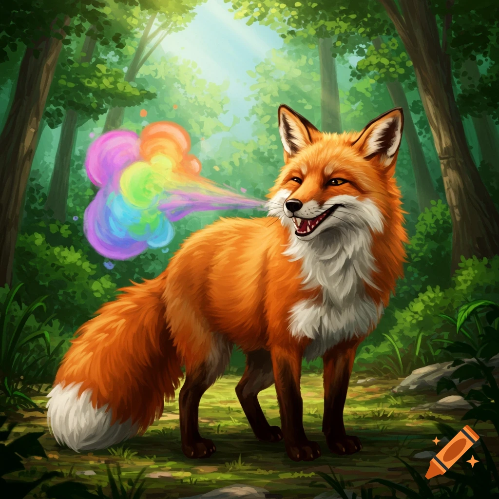 A cheerful fox farts a colorful rainbow cloud in a forest.