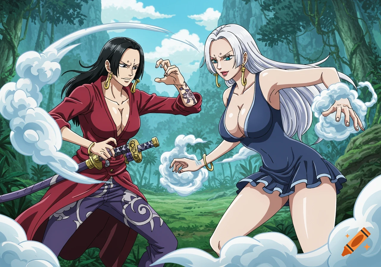 Two anime women, one with black hair in a red coat and one with white hair in a blue dress, battle with mystical powers in a lush jungle.