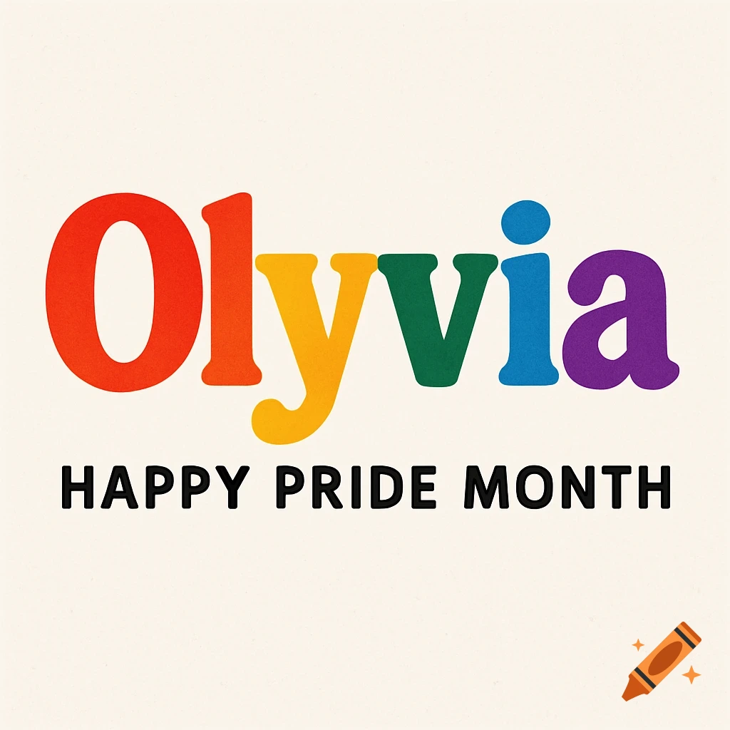 The name Olyvia in rainbow colors above 'Happy Pride Month' text on a light background.