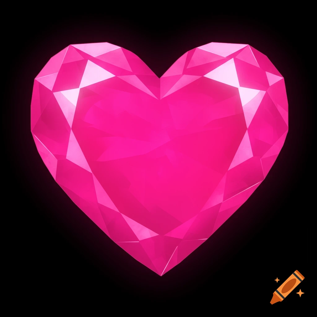 A vibrant, faceted pink heart-shaped gem glows against a dark background.