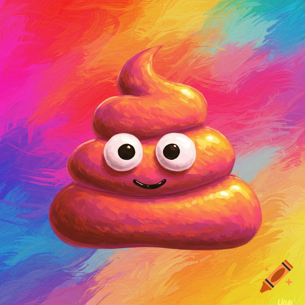A cheerful, cartoon poop emoji with large white eyes and a black smile, set against a vibrant, multicolored brushstroke background.