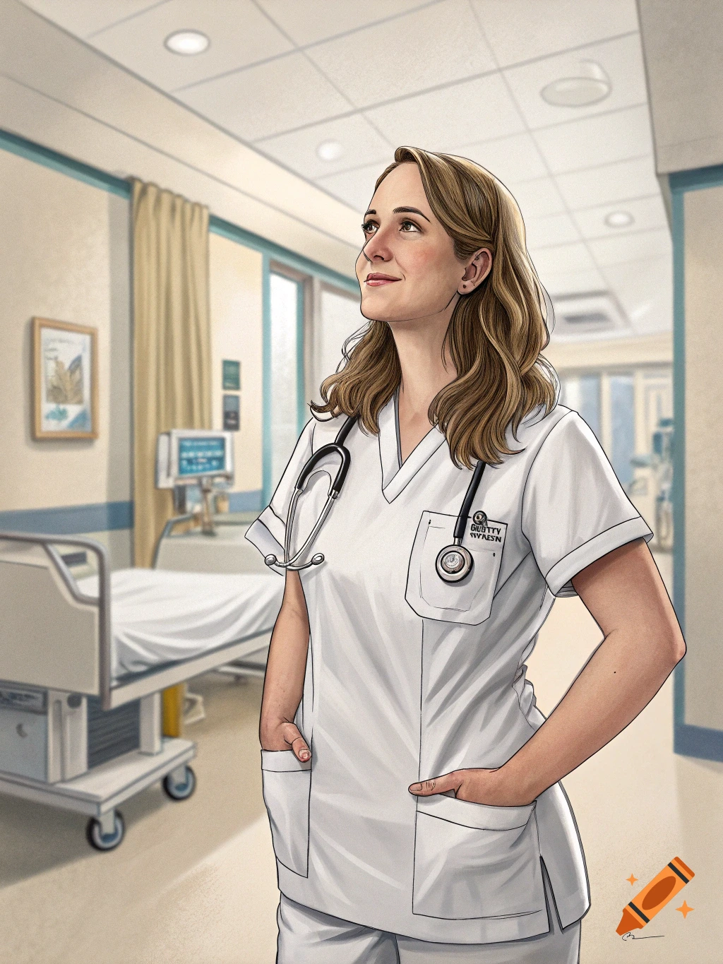 A smiling female nurse in white scrubs and a stethoscope looks up in a hospital hallway in an illustrated style.