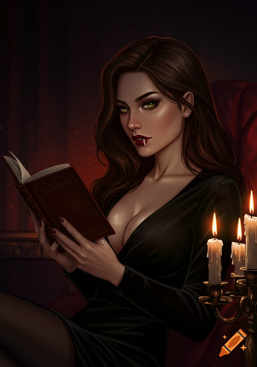Digital painting of a vampire woman with fangs reading a book by candlelight.