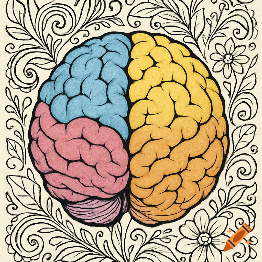 A colorful brain illustration with blue, yellow, pink, and orange lobes, surrounded by black outline floral patterns.