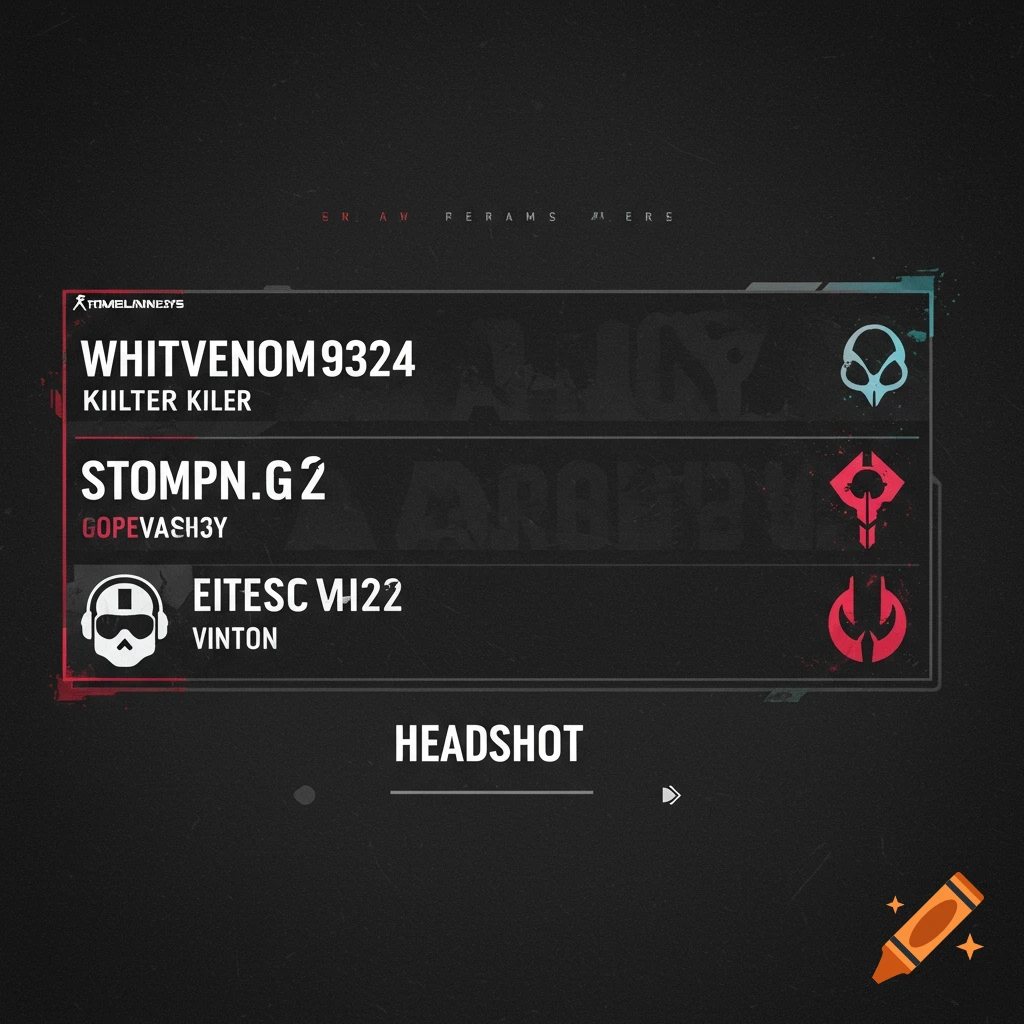 A dark video game scoreboard with three player entries: WHITVENOM9324, STOMPN.G2, and EITESC VH22, each with a unique icon. The word HEADSHOT is prominently displayed at the bottom.