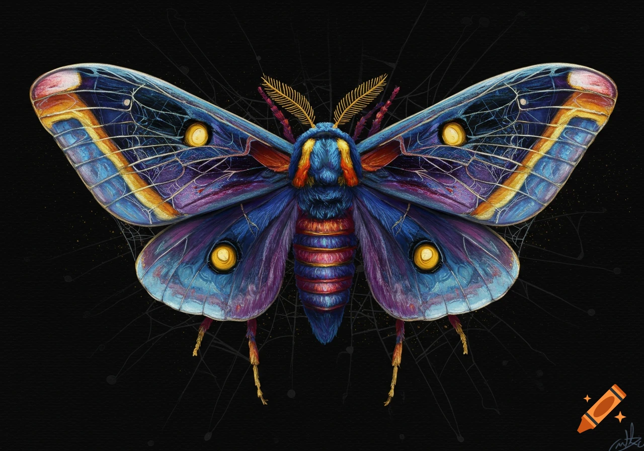 A vibrant, ornate moth with blue, purple, and orange wings, gold antennae, and yellow eye-spots, against a dark background with subtle web-like lines.