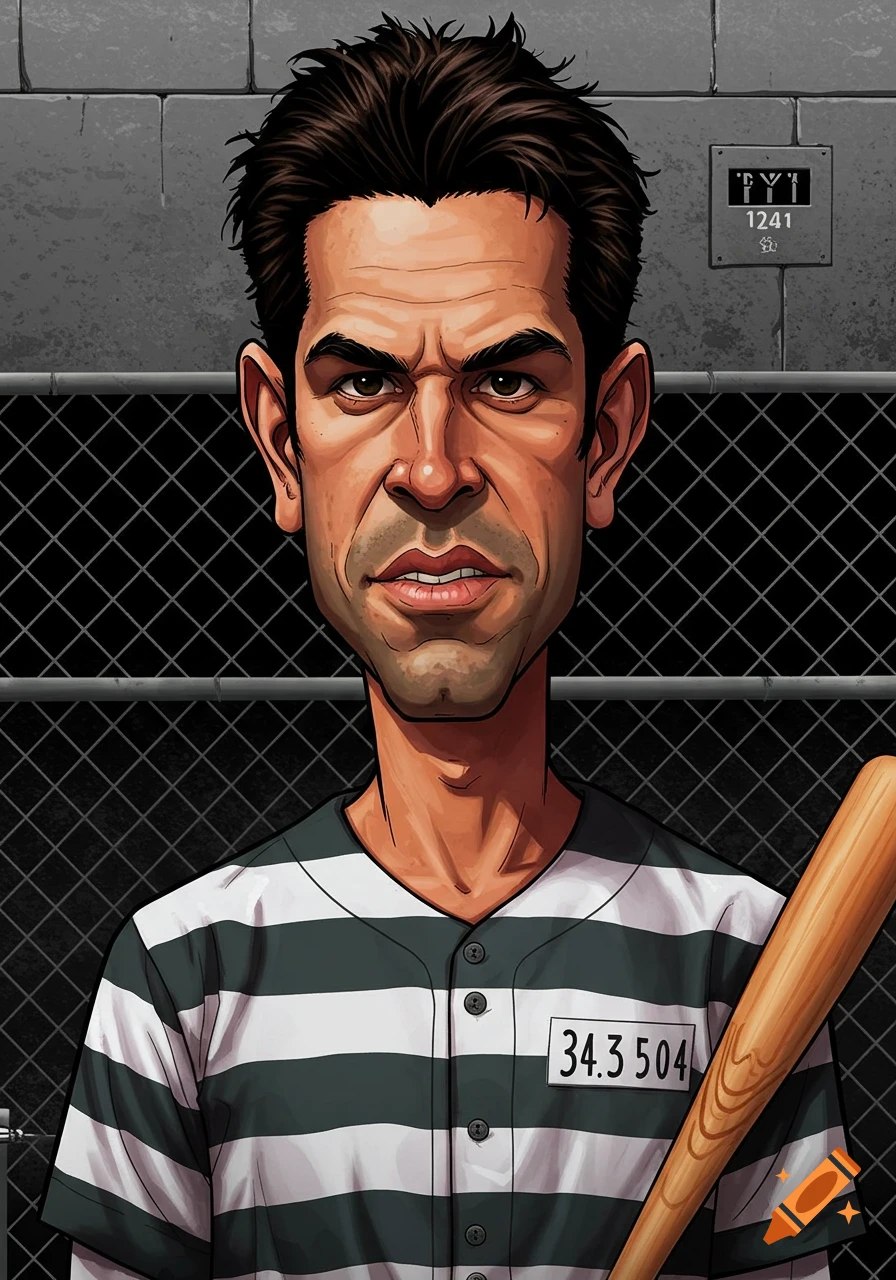 Illustration of a man in a striped prisoner uniform holding a baseball bat.