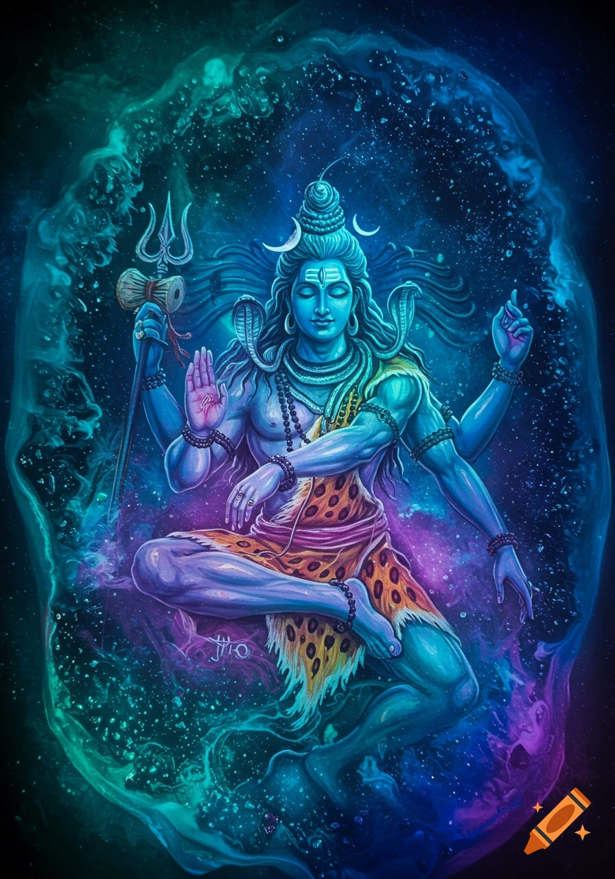 Vibrant, stylized depiction of Shiva in meditation, surrounded by cosmic, swirling blue and purple energy, in a resin art style.