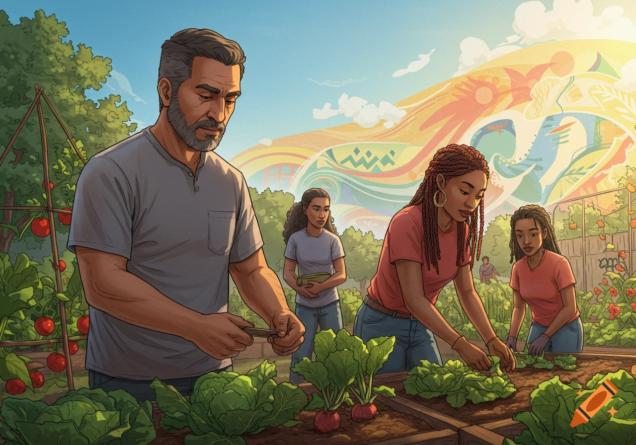 An illustrated scene of a man and three women tending a community garden with a colorful abstract mural in the background.