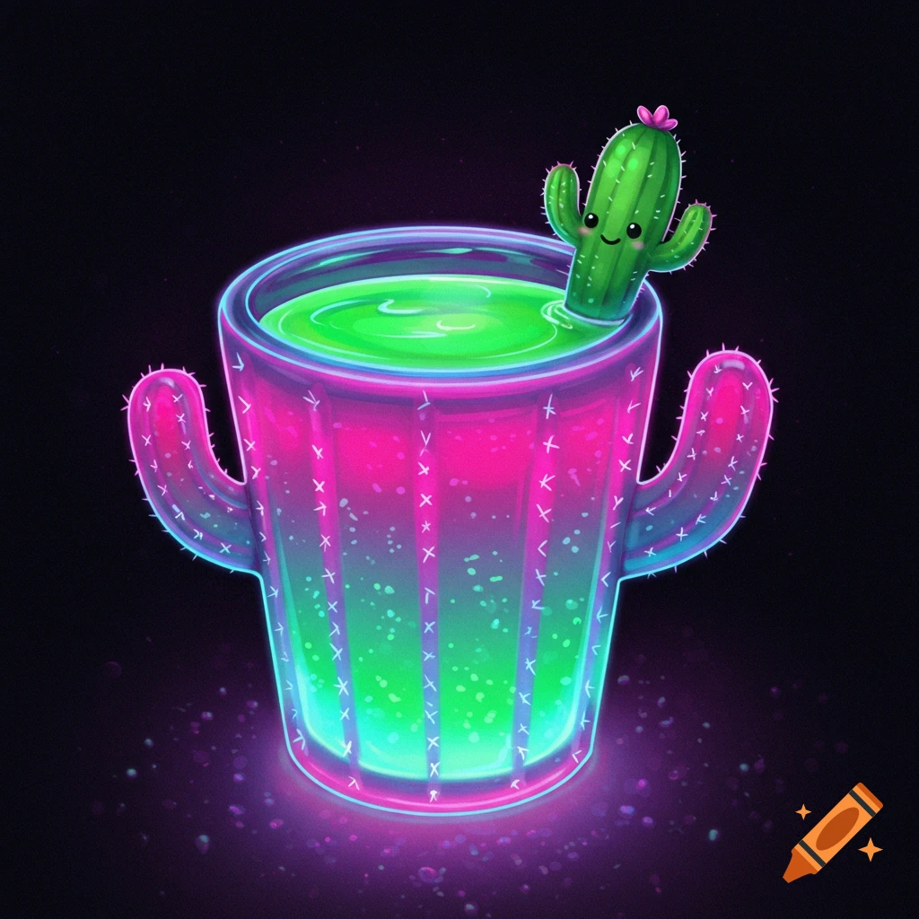 A vibrant, cartoon-style neon cactus cup filled with bright green liquid, with a small smiling cactus emerging from the drink.