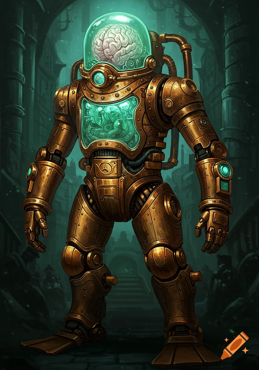 Steampunk robot with brain in glass helmet and visible internal organs.
