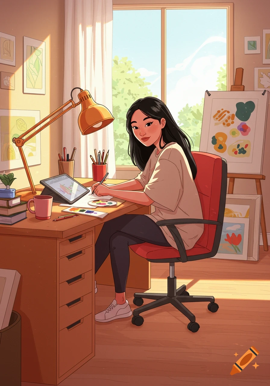 A young woman drawing at a desk in a sunny art studio, with an easel and artworks in an illustrative style.