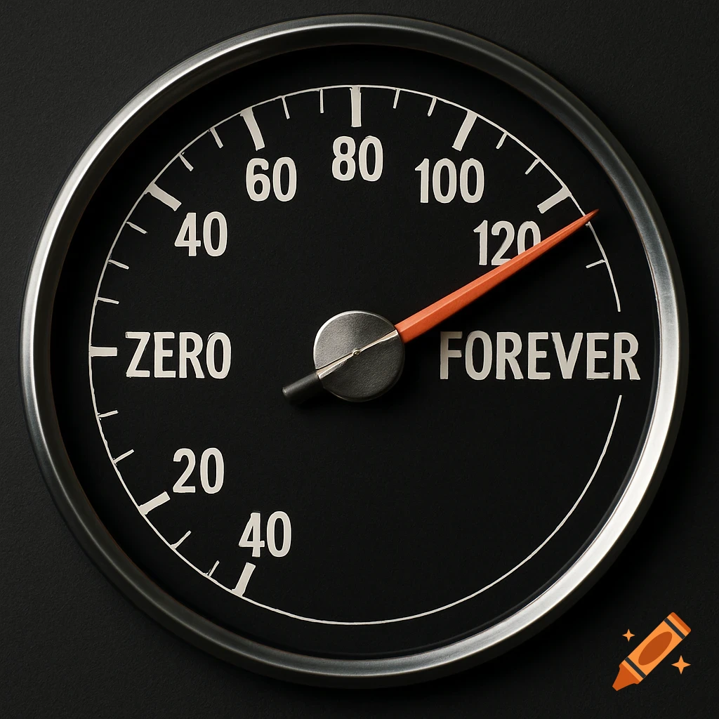 A speedometer gauge with 'ZERO' at zero and 'FOREVER' at the top, with the needle pointing to 'FOREVER'.