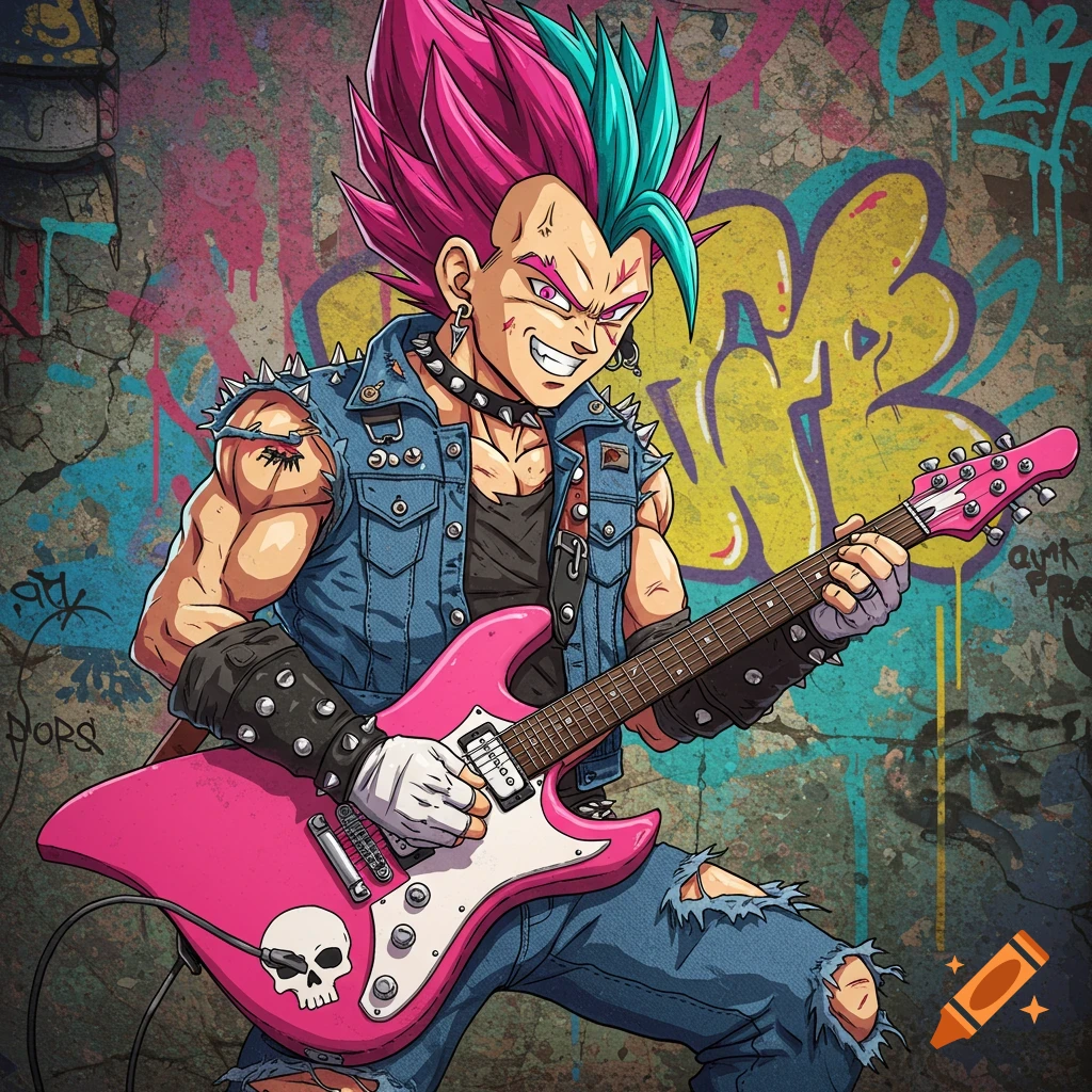 An anime-style character resembling Vegeta with pink and teal spiky hair, dressed in punk attire, playing a pink electric guitar against a graffiti-covered wall.