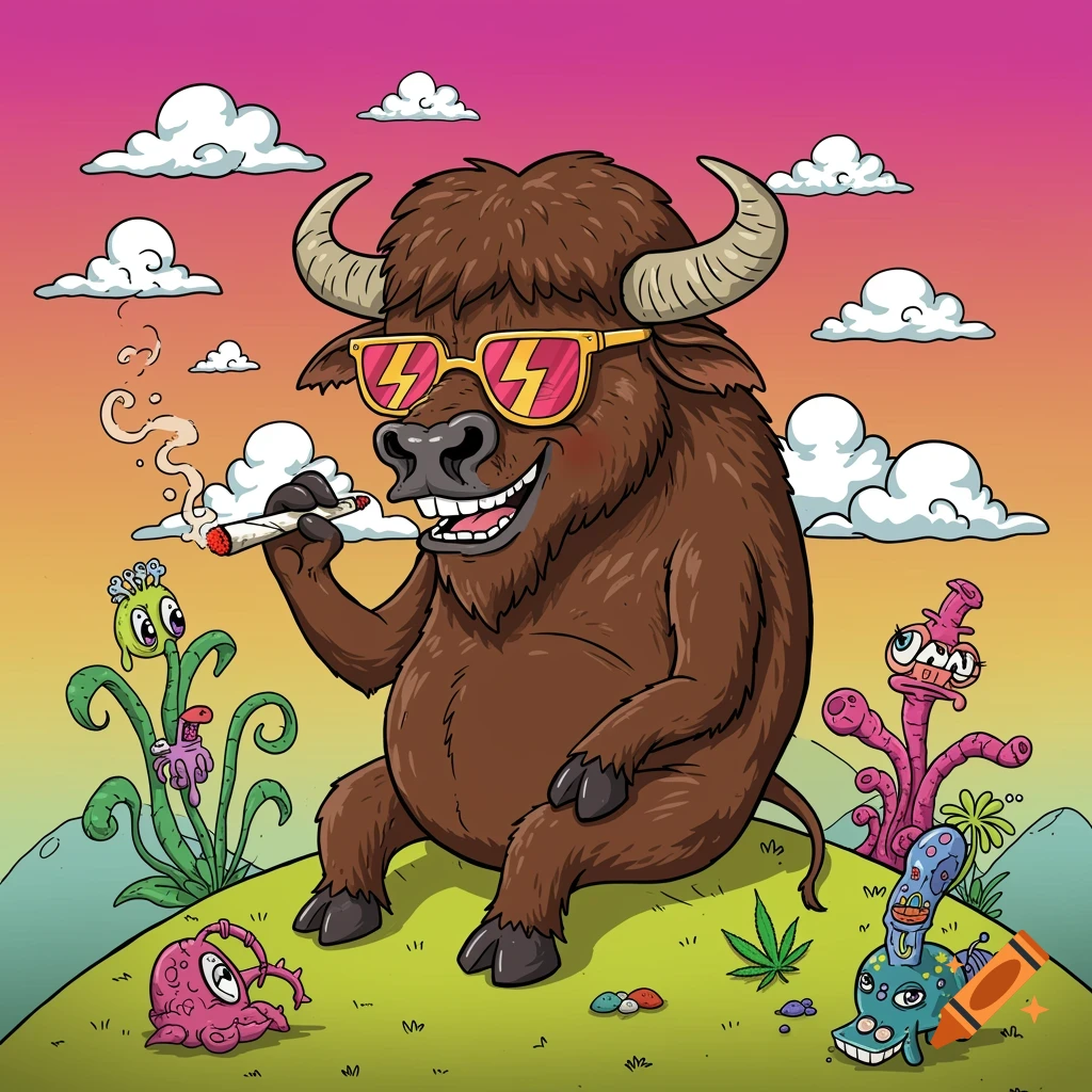 A colorful cartoon buffalo with sunglasses smokes a joint while sitting on a grassy hill with psychedelic alien plants.