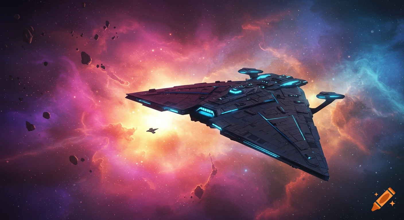 Triangular starship cruiser flying through a colorful nebula with asteroids and a smaller ship.