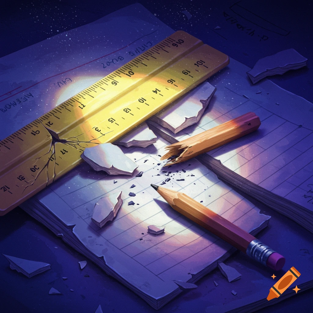 A broken yellow ruler, a snapped wooden pencil, and a whole pencil lie on a sheet of crumpled, lined paper, bathed in purple light.