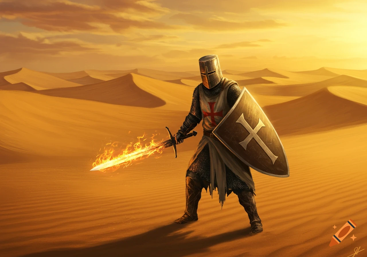 A knight wearing a crusades-era helmet holds a flaming sword and shield in a desert landscape at sunset.