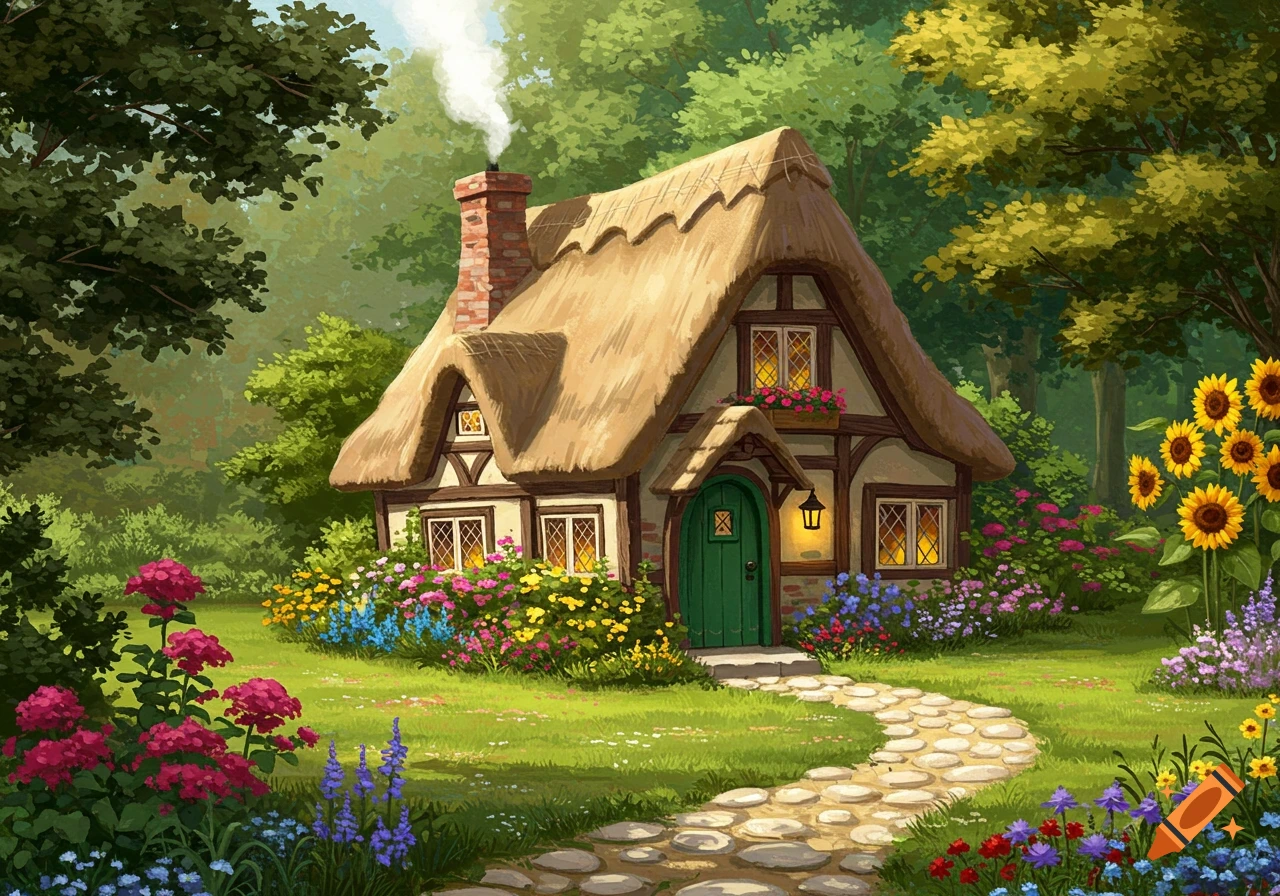 An illustration of a charming thatched cottage surrounded by a colourful flower garden and trees with a stone path leading to the door.