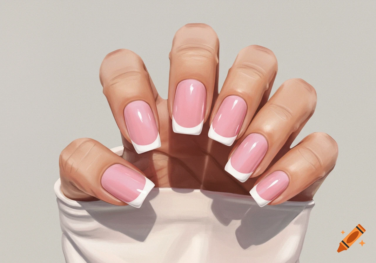 Close-up of a hand with pink fingernails and white french tips.
