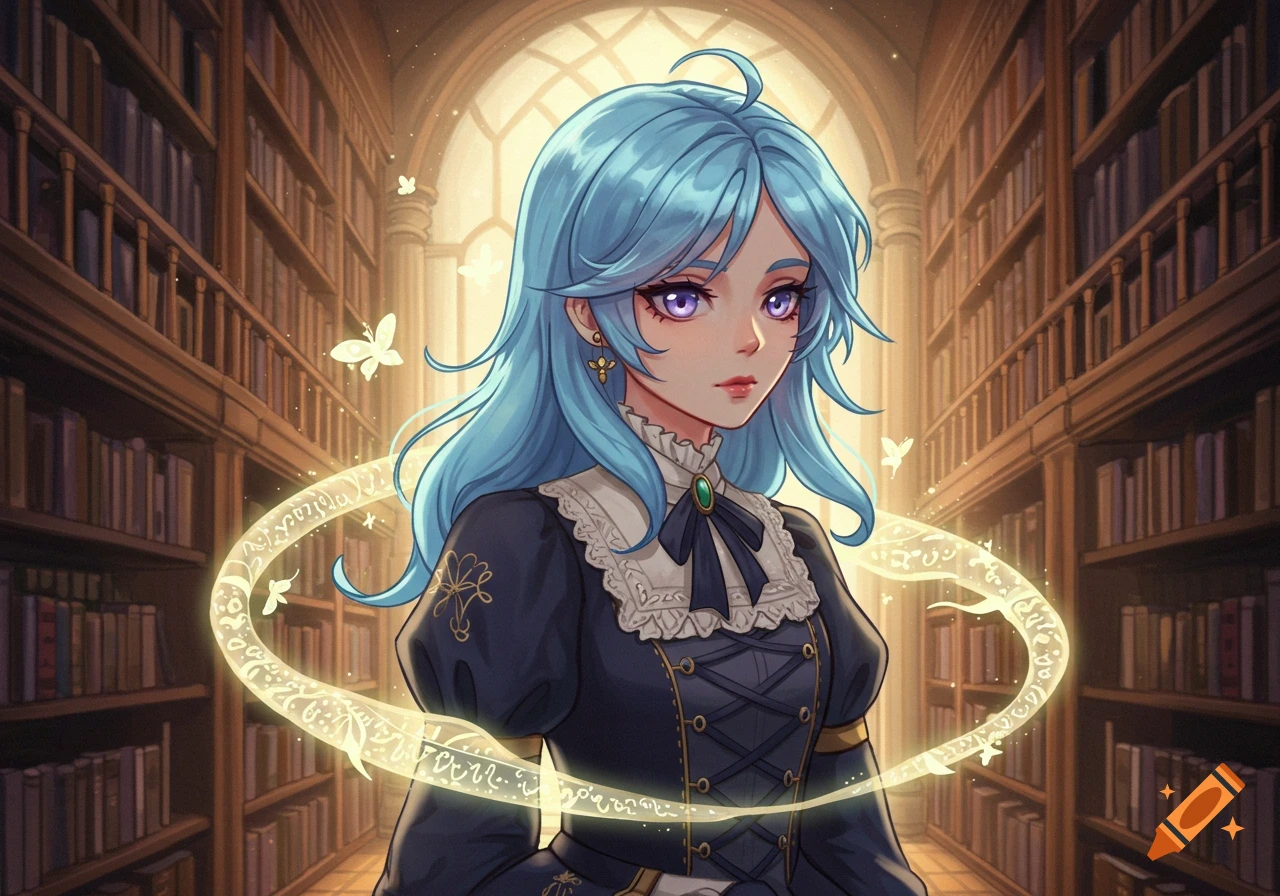 An anime girl with blue hair and purple eyes wears a black and white dress in a library, surrounded by glowing butterflies and magical script.
