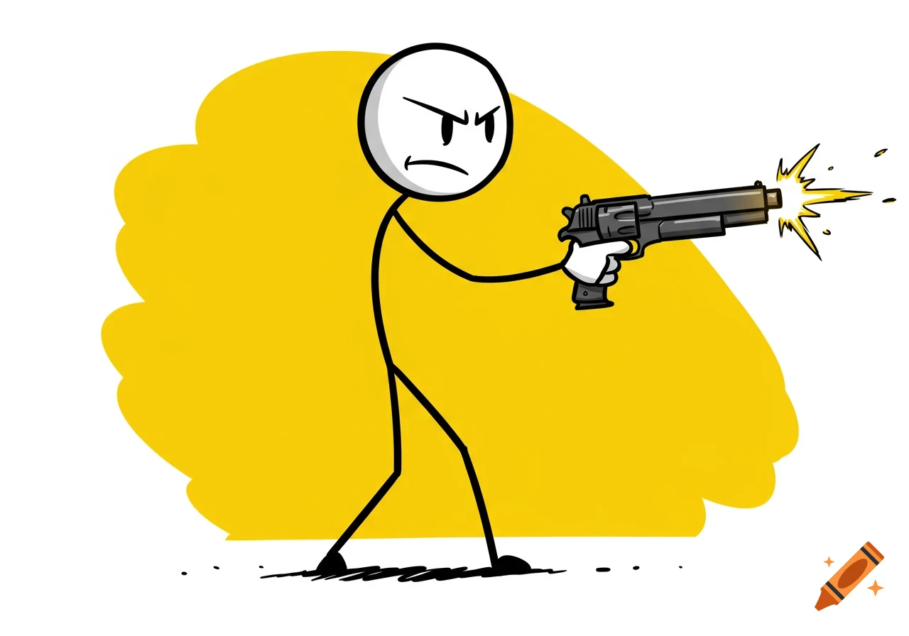 A cartoon stick figure with an angry expression fires a pistol, with muzzle flash visible, against a yellow background.