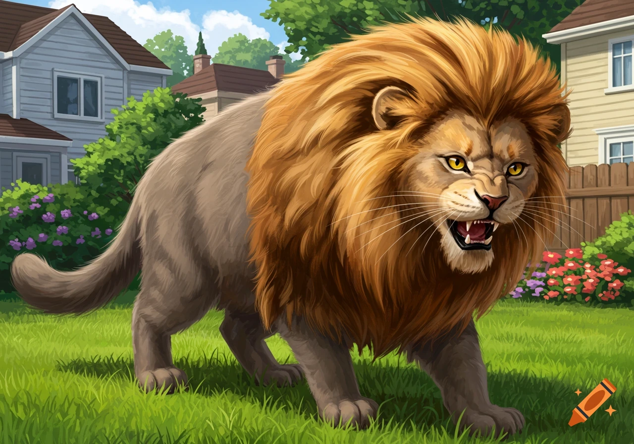 A fierce lion with a majestic mane snarls while prowling through a grassy suburban backyard in a digital art style.