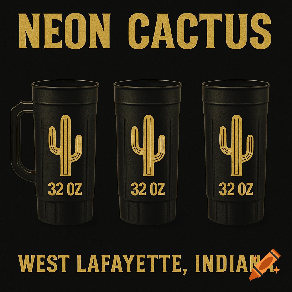 Three black drinking cups with gold cactus logos and text 'Neon Cactus', '32 OZ', and 'West Lafayette, Indiana' on a dark background.