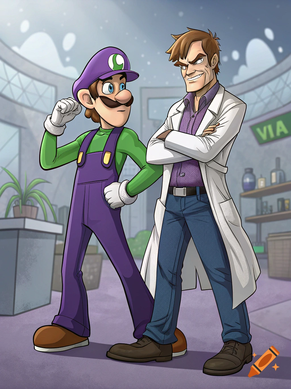 A cartoon image of a character in purple overalls and green shirt standing next to a man in a lab coat in a modern building.