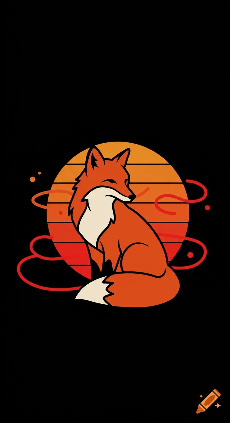 Minimalist illustration of an orange fox sitting in front of a retro sunset