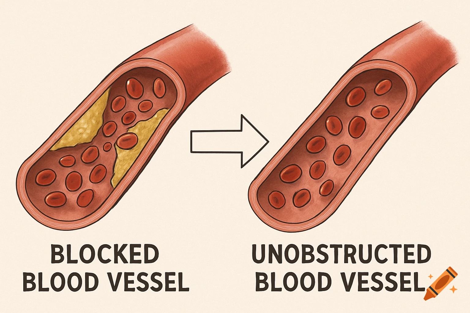Medical illustration comparing a blocked blood vessel to an unobstructed blood vessel.