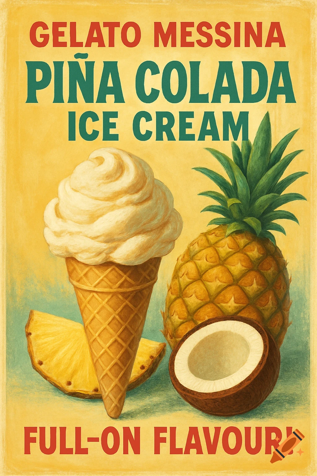 A vintage-style poster advertises Gelato Messina Pi literalny a Colada Ice Cream, with a scoop in a cone, a pineapple, and a halved coconut on yellow and teal.