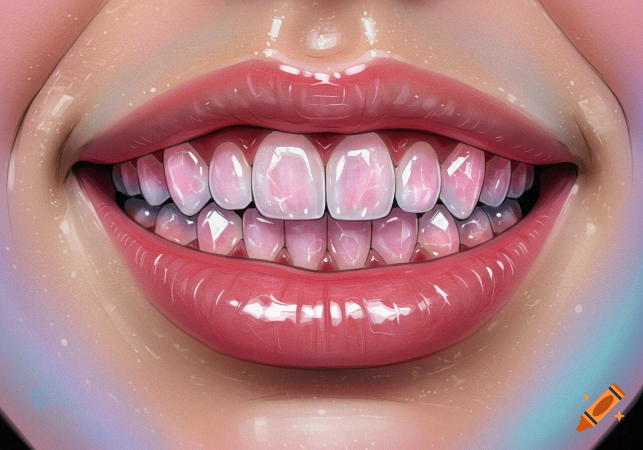 Close-up illustration of a mouth with pink lips and teeth that resemble polished rose quartz.