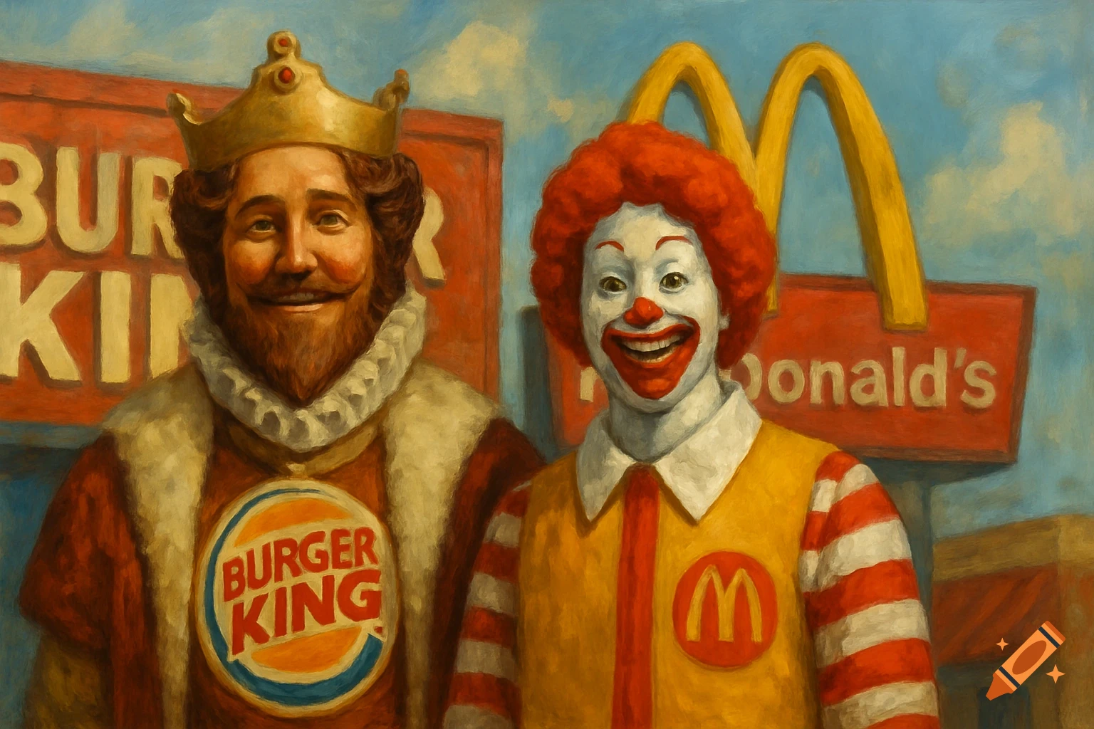 An oil painting of the Burger King mascot and Ronald McDonald standing together under their respective brand signs.