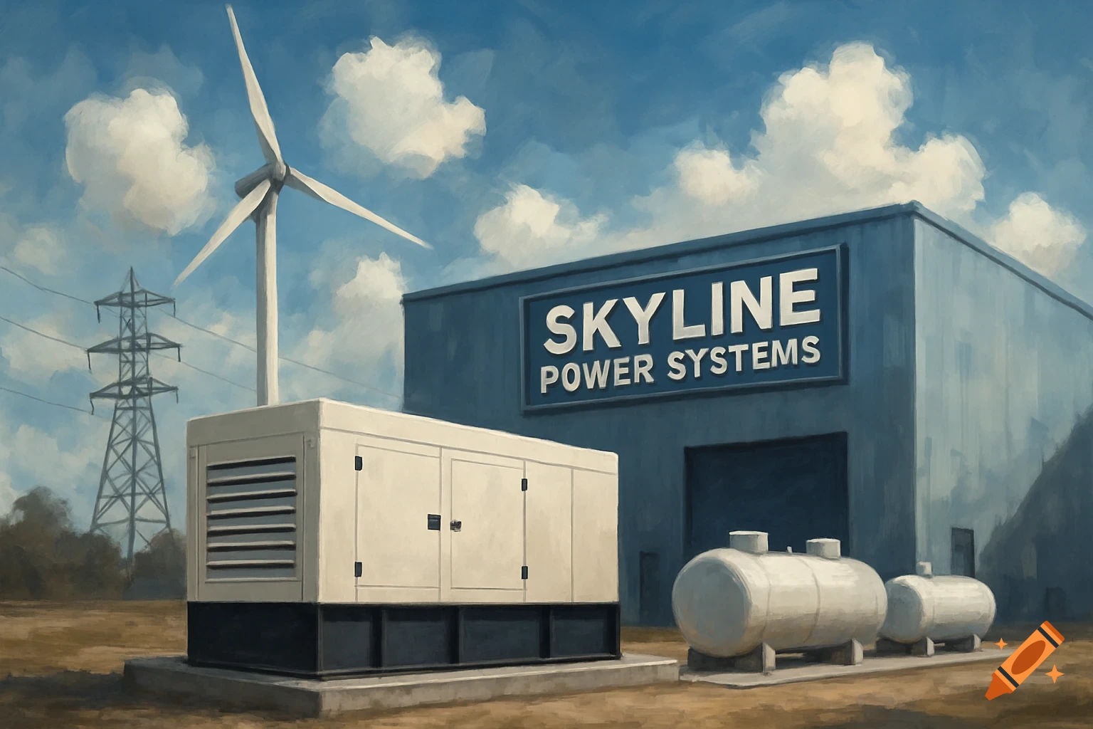 Painterly image of Skyline Power Systems building, generator, wind turbine, and power lines under a cloudy sky.