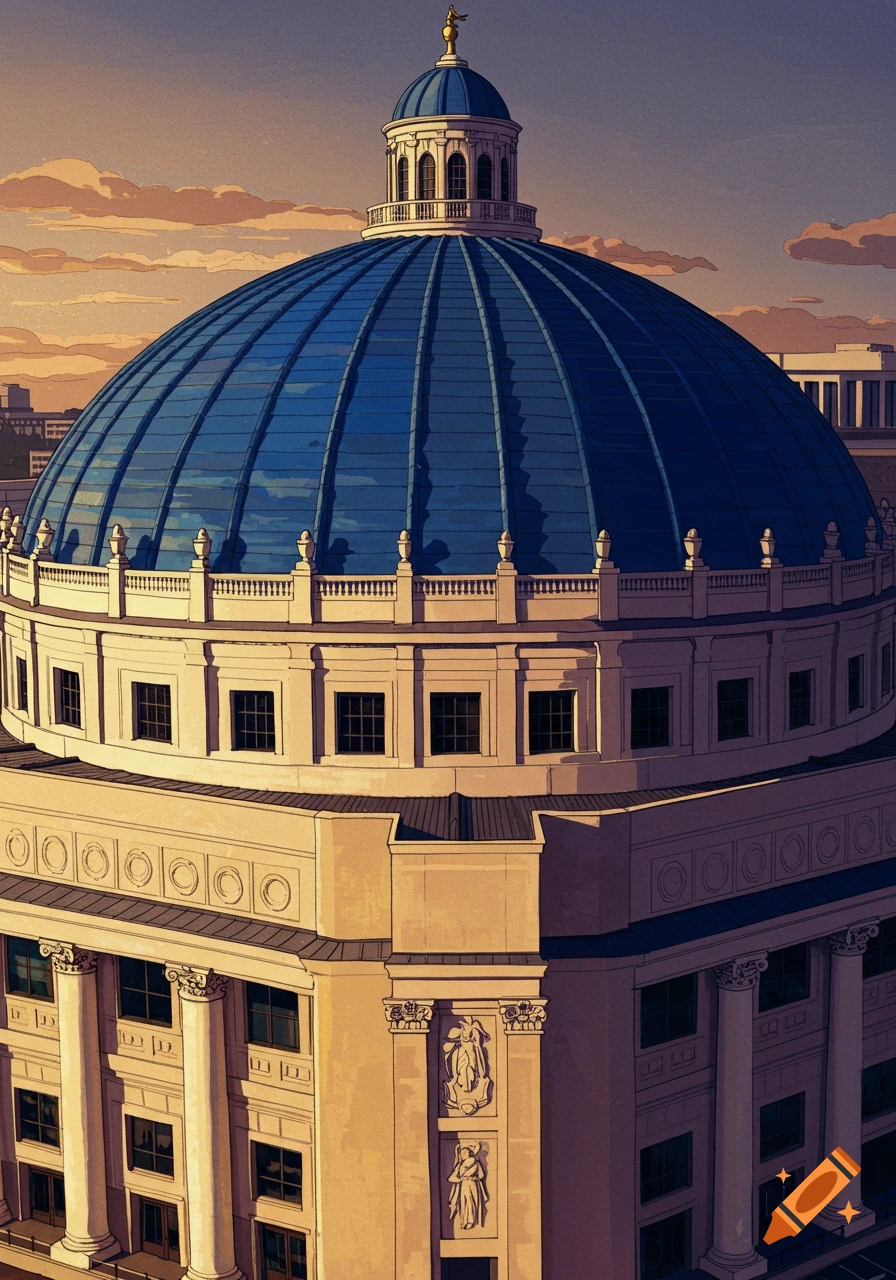 An illustration of a building with a large blue dome under a cloudy sky.