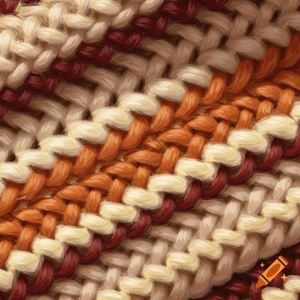 Close-up of chunky knit fabric with stripes in beige, orange, and dark red.