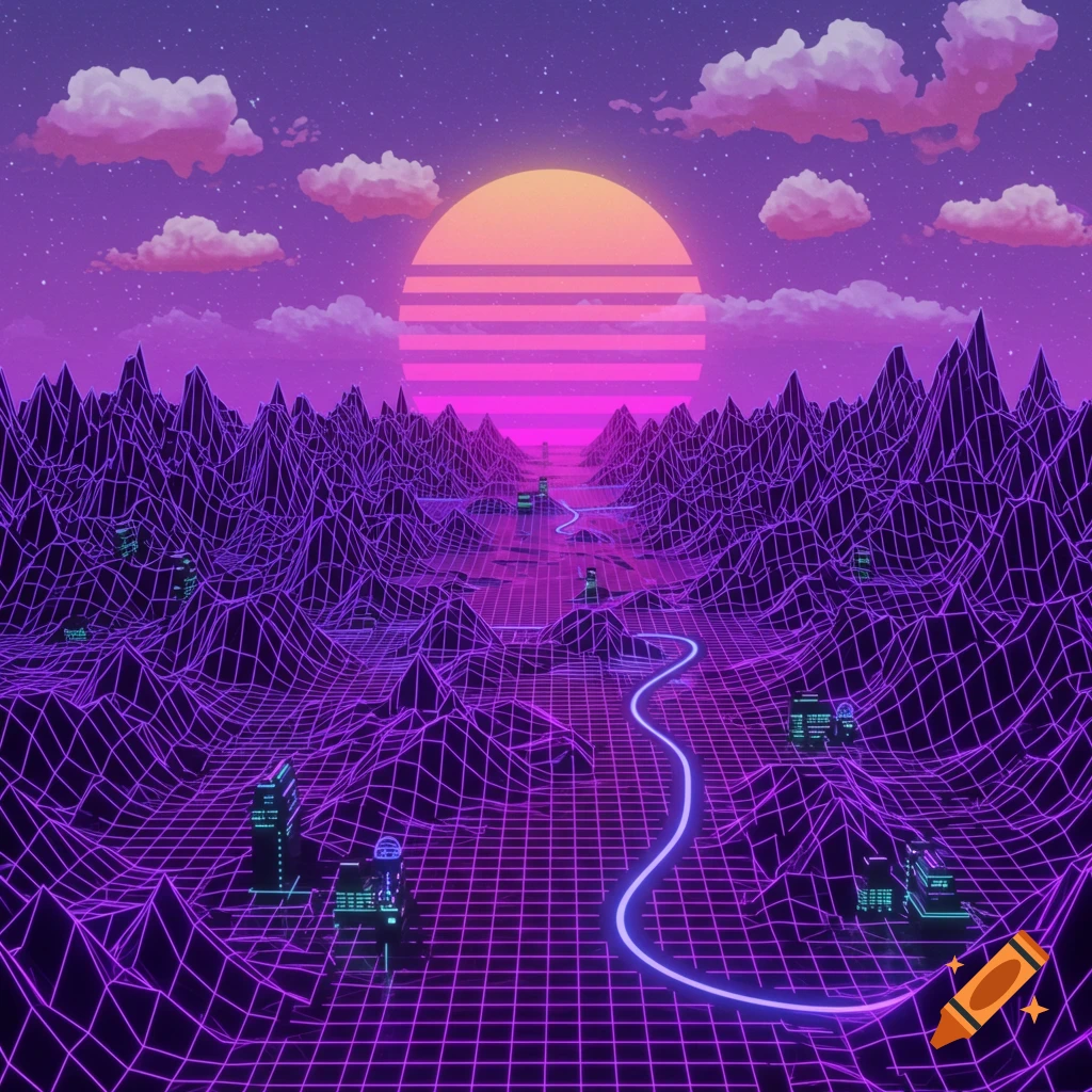 A retro synthwave landscape with wireframe mountains, a glowing grid ground, a winding neon road, futuristic buildings, and a large striped sunset against a starfield sky.