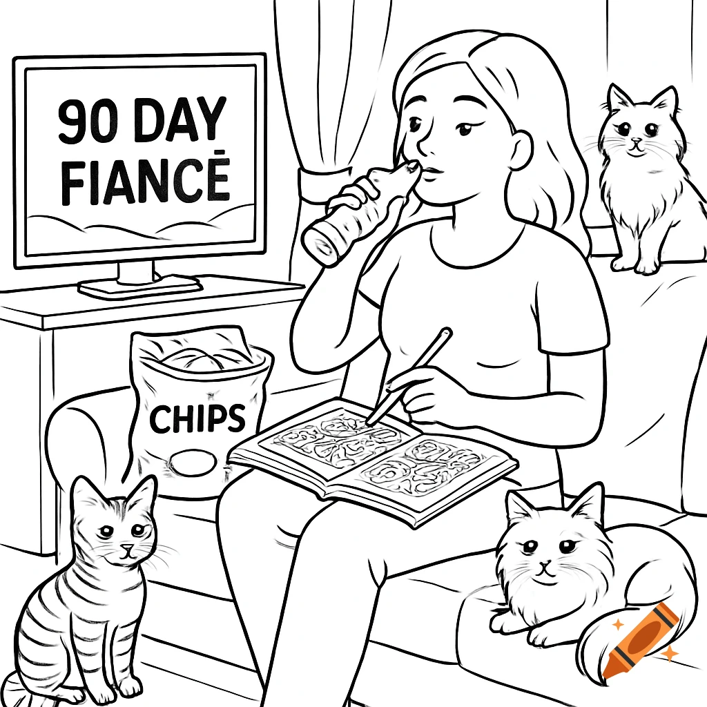 A black and white line art drawing of a woman sitting on a sofa, coloring in a book, drinking from a bottle, and eating chips. Three cats are around her, and a TV displays '90 DAY FIANC E'.